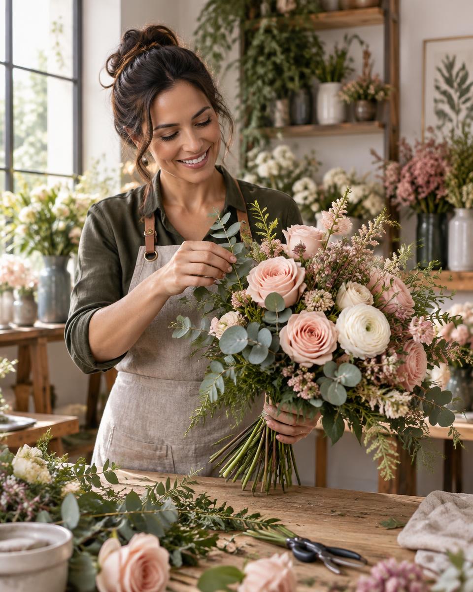 Florista criando um buquê no ateliê